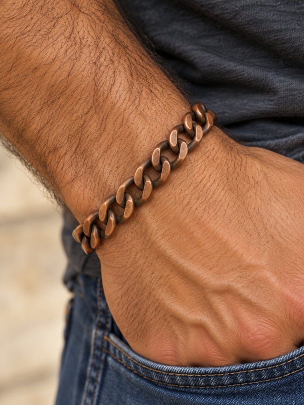 Copper Curb Link Chain Vintage 1970's Men's Bracelet - 8 1/2" Heavy Metal